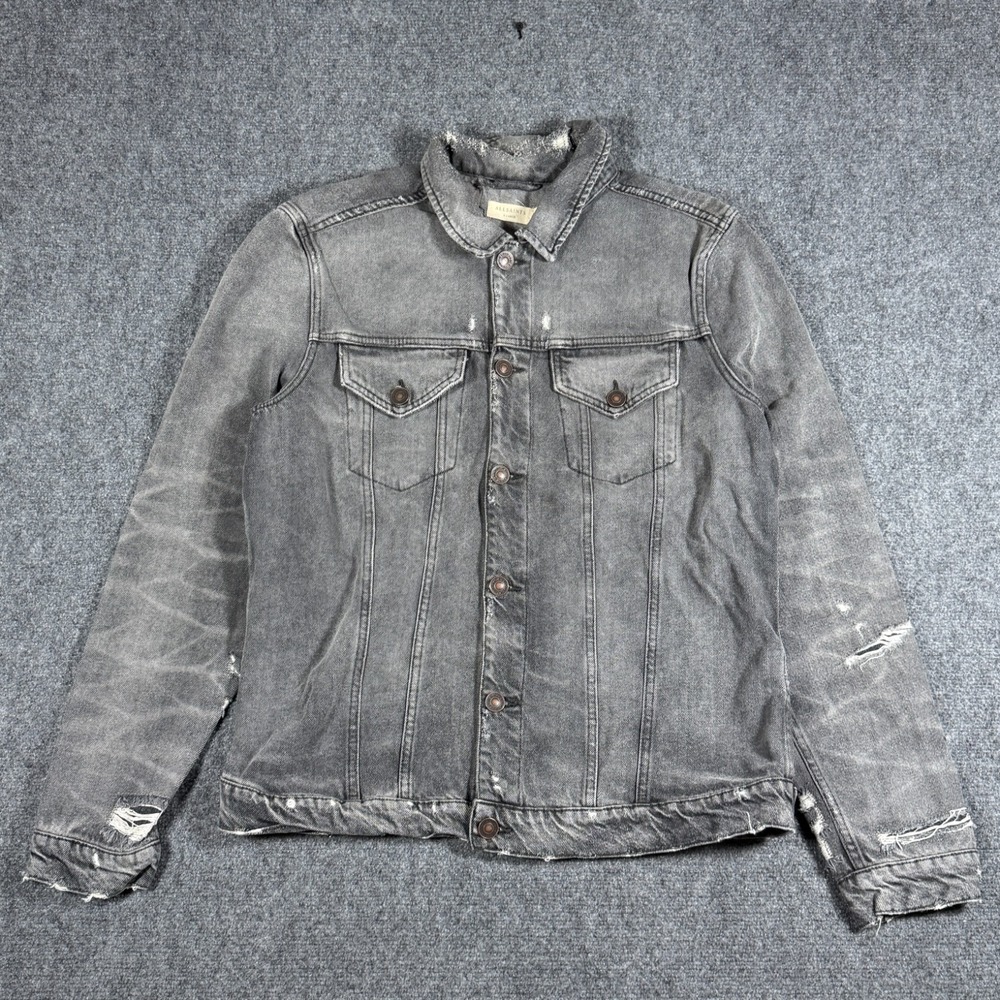 AllSaints Beltar Denim Jacket Heavy Wash Distressed Cotton Gray Mens XL #3905